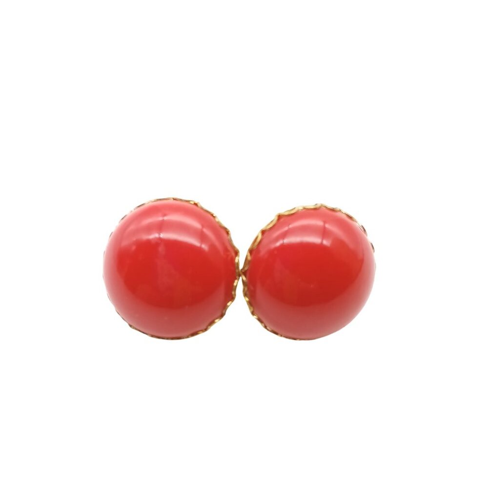 Vintage Red Button Earrings with Gold Tone Scalloped Edge Design on Screw Back